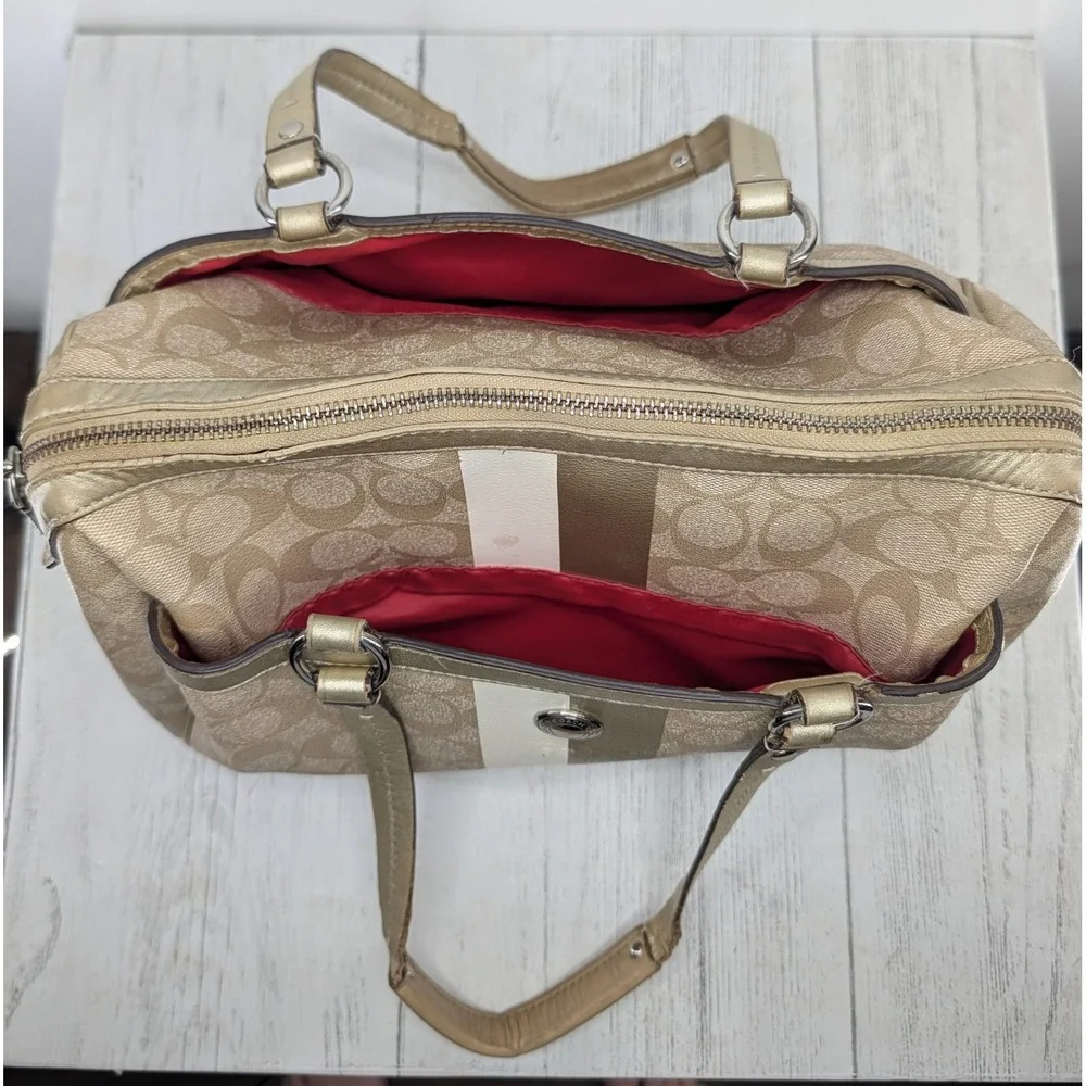 Coach Heritage Stripe Satchel Khaki Gold Signature Canvas Bag F14478